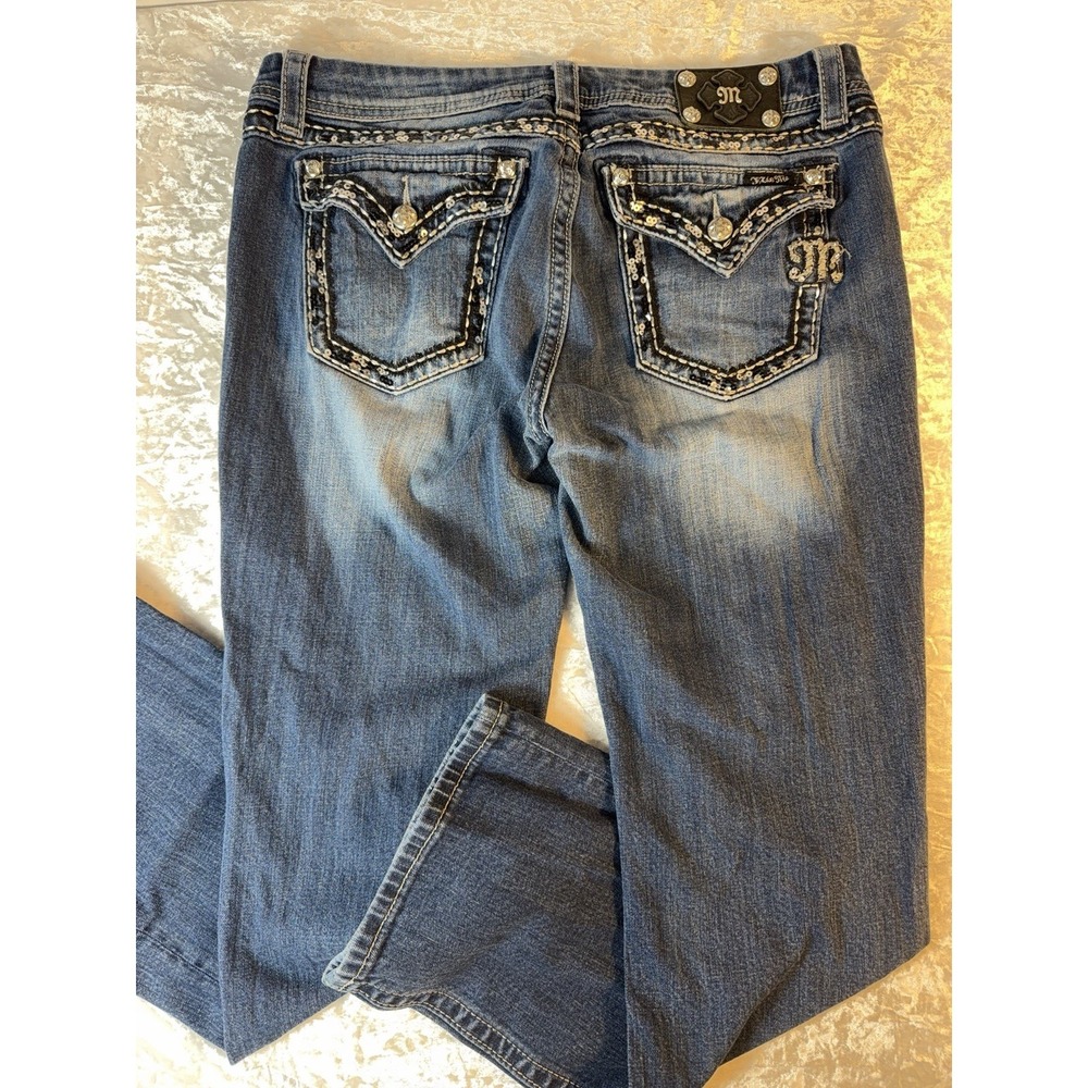 Miss Me Easy Boot Jeans Womens 33x30 Dark Wash Sequin Flap Pocket Stretch